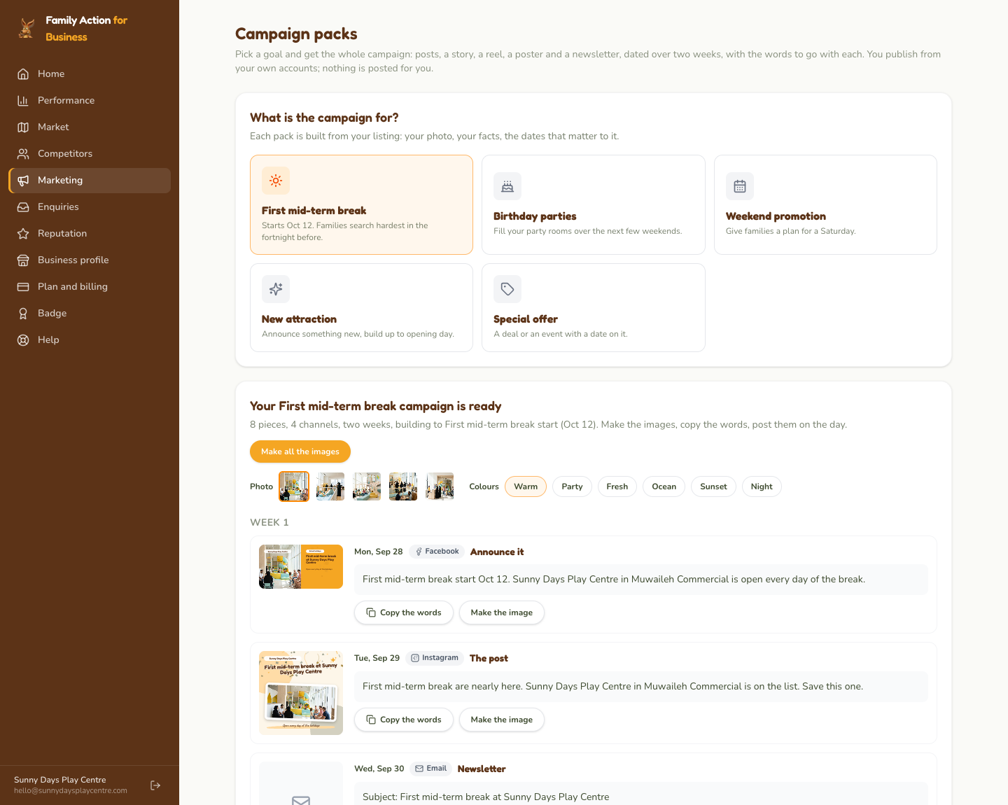 Campaign packs: pick the goal, then work down the schedule; each piece has its words to copy and its image to make.