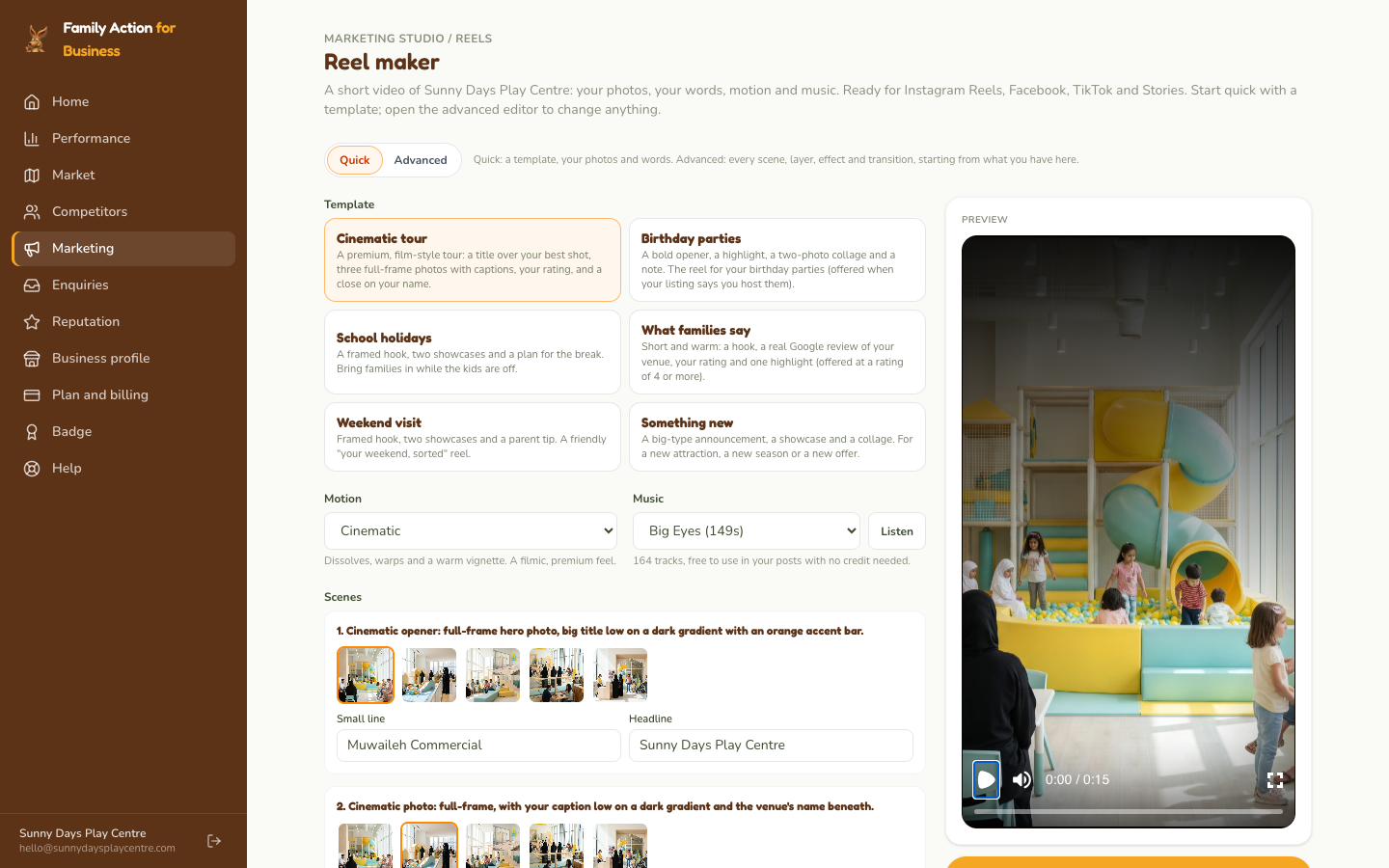 Reel maker: choose a template, pick a photo for each scene, add music, then make the reel.