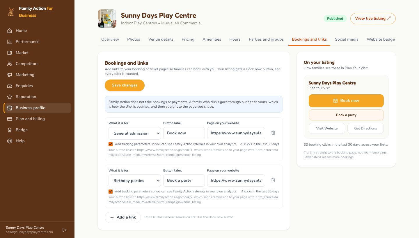 Bookings and links: choose what the link is for, type the button label, paste the page address, then Save changes.