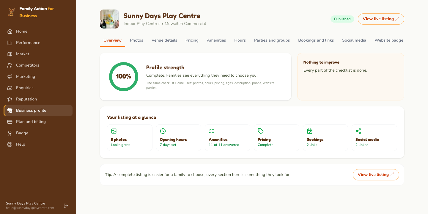 Business profile: the Overview shows what is complete and what to improve; each tile opens the right tab.