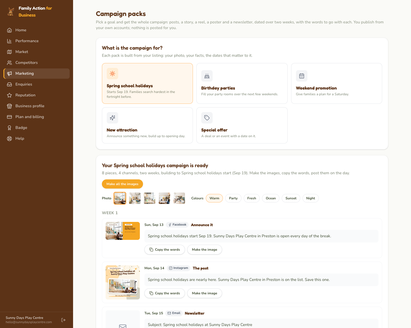 Campaign packs: pick the goal, then work down the schedule; each piece has its words to copy and its image to make.
