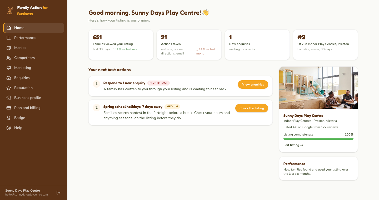 Home: your suggested next actions, each with a button that takes you to the right place.