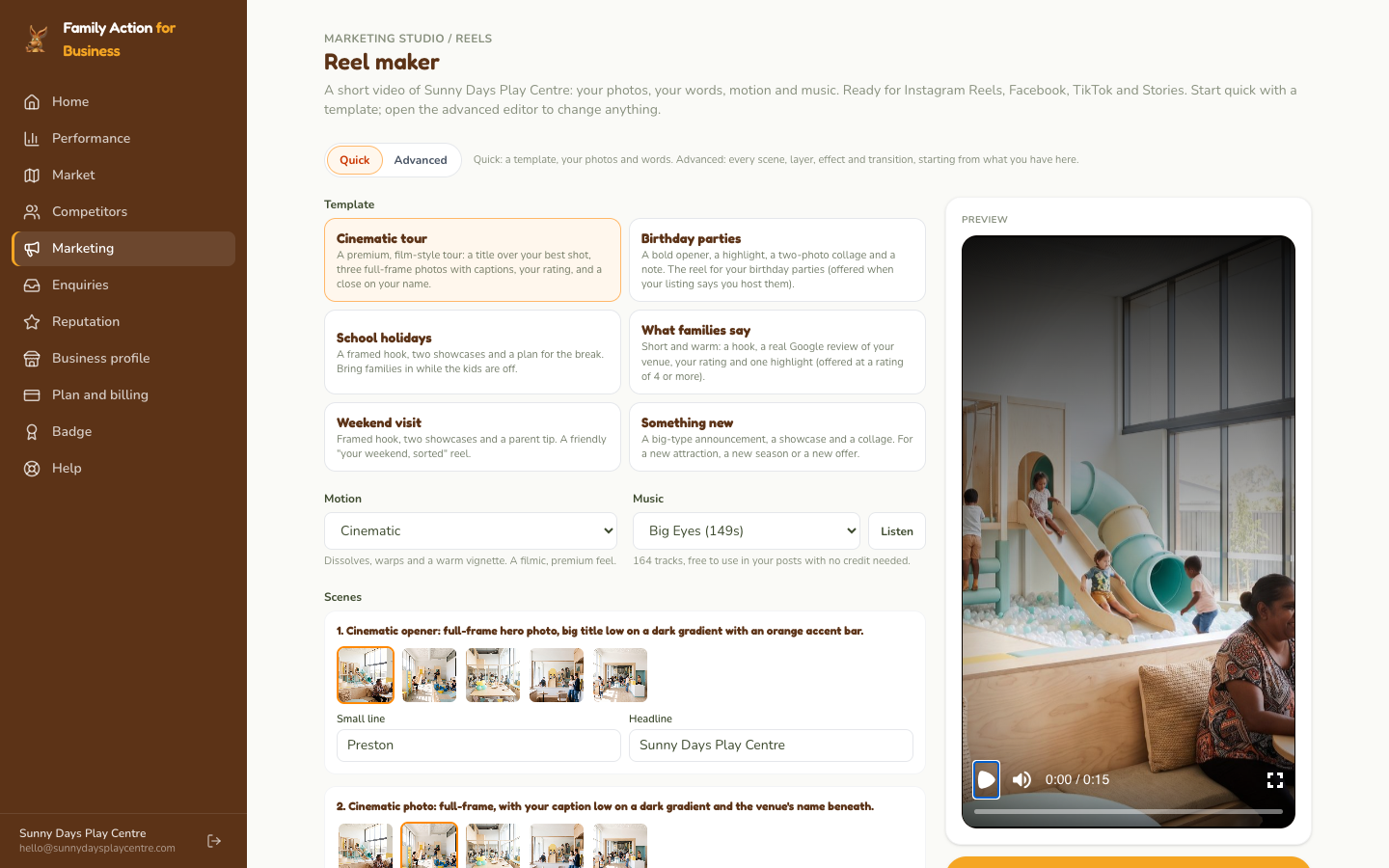 Reel maker: choose a template, pick a photo for each scene, add music, then make the reel.
