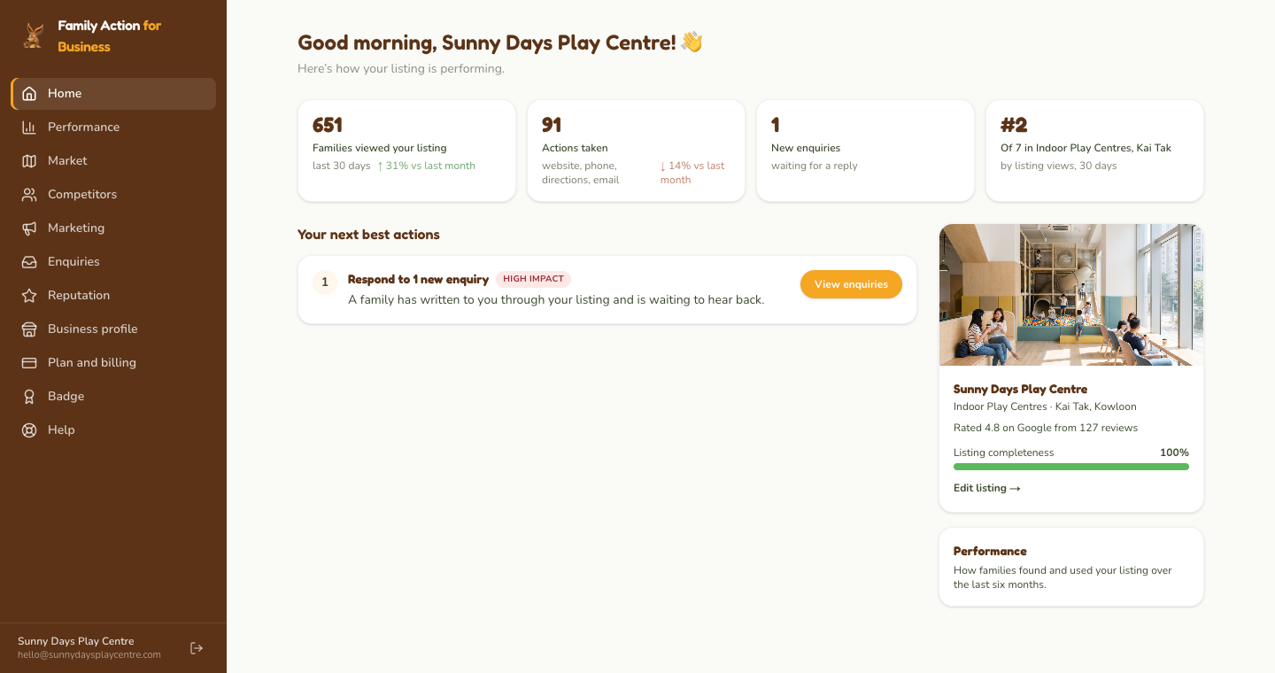 Home: your suggested next actions, each with a button that takes you to the right place.