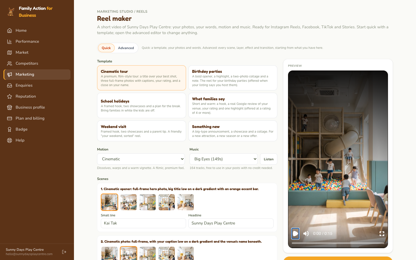Reel maker: choose a template, pick a photo for each scene, add music, then make the reel.