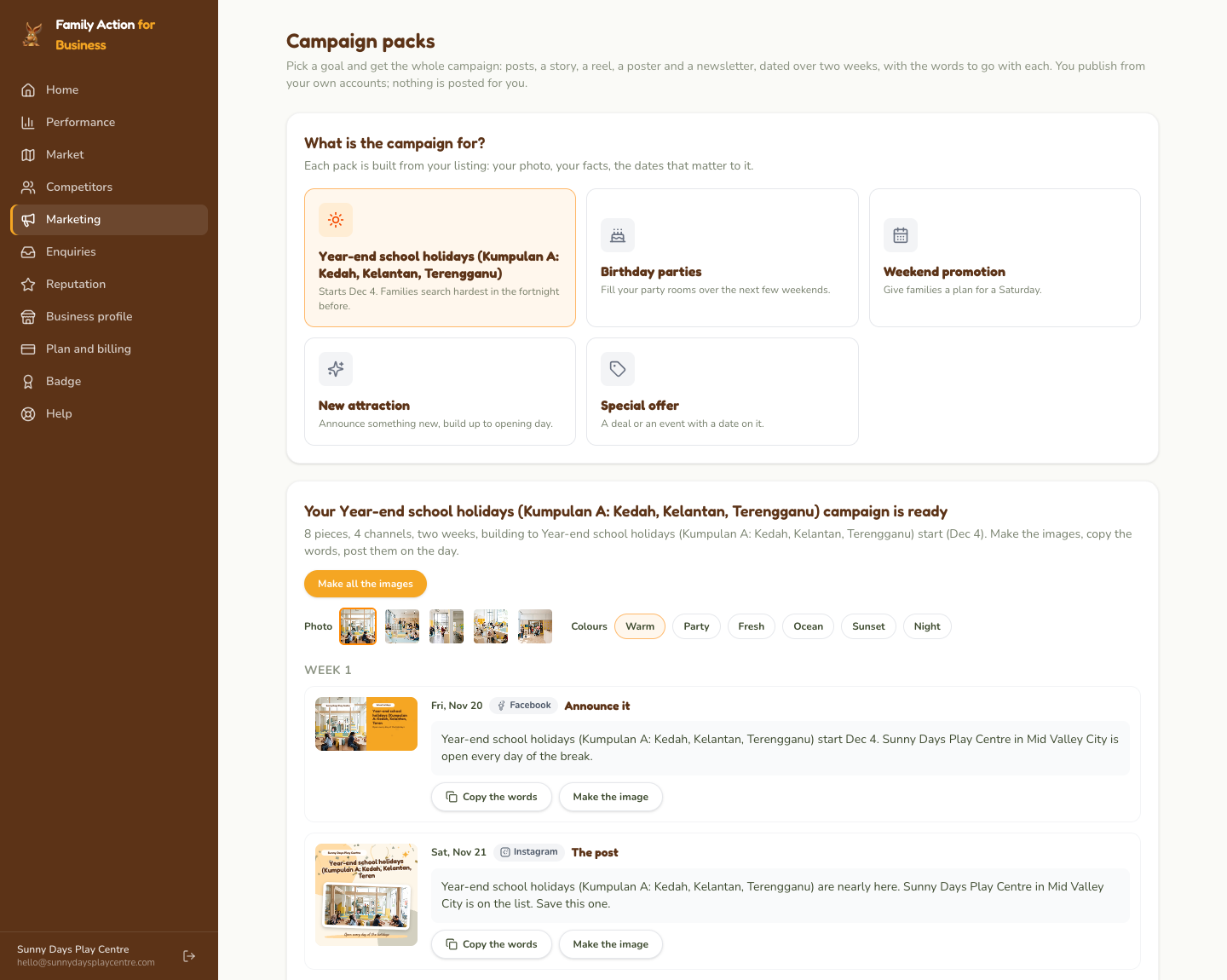 Campaign packs: pick the goal, then work down the schedule; each piece has its words to copy and its image to make.