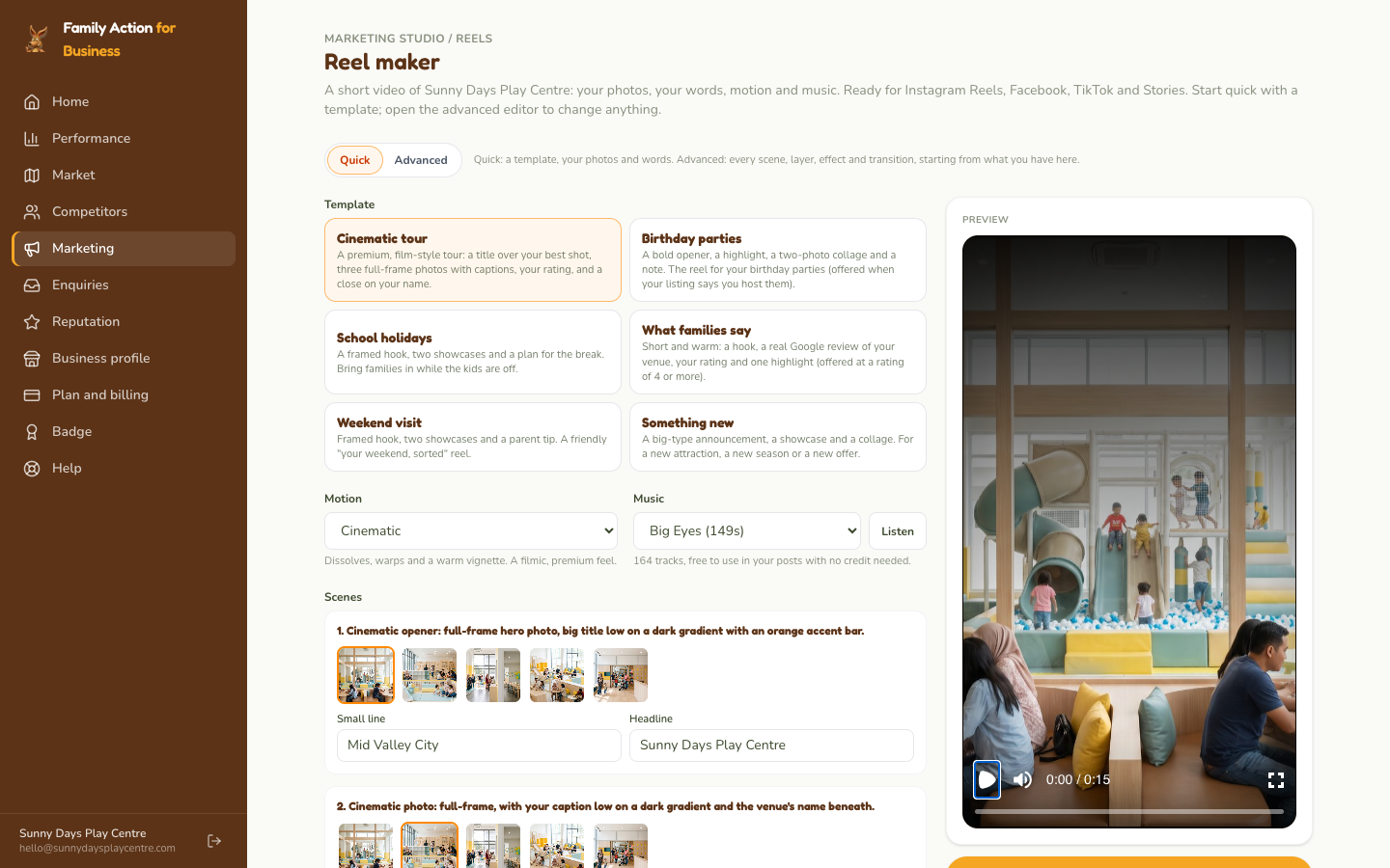 Reel maker: choose a template, pick a photo for each scene, add music, then make the reel.