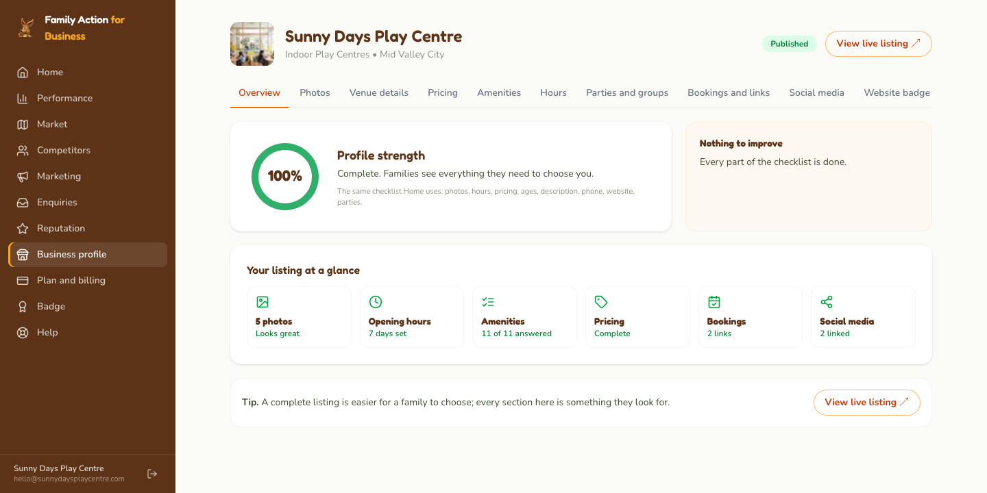 Business profile: the Overview shows what is complete and what to improve; each tile opens the right tab.