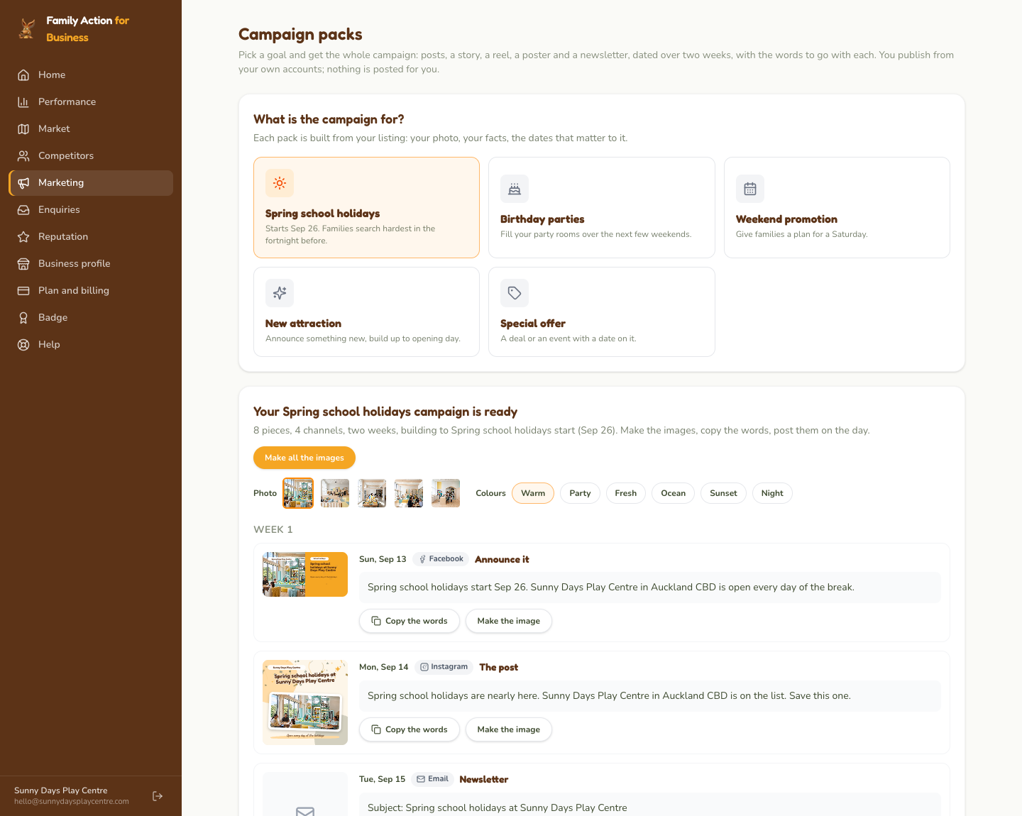 Campaign packs: pick the goal, then work down the schedule; each piece has its words to copy and its image to make.
