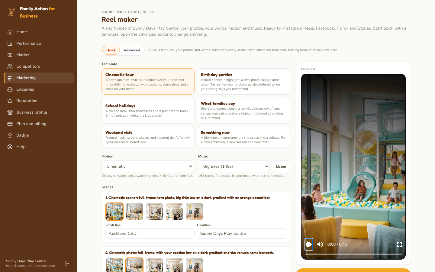 Reel maker: choose a template, pick a photo for each scene, add music, then make the reel.