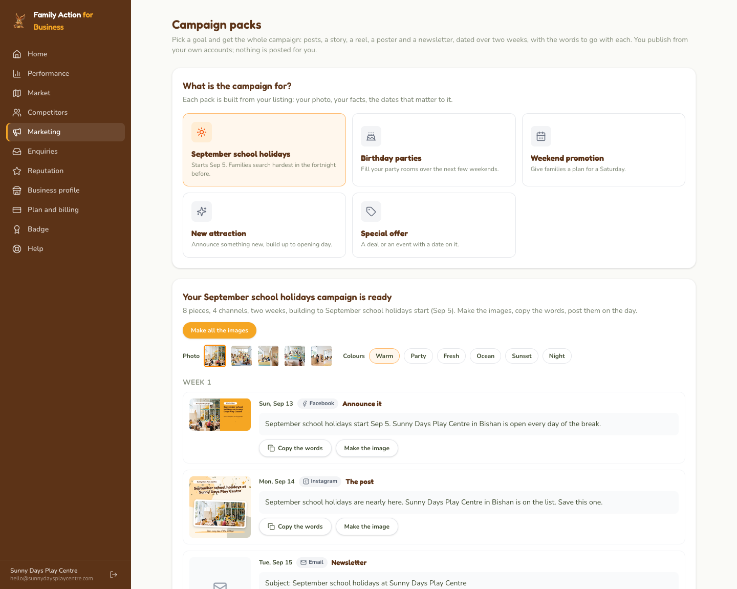 Campaign packs: pick the goal, then work down the schedule; each piece has its words to copy and its image to make.