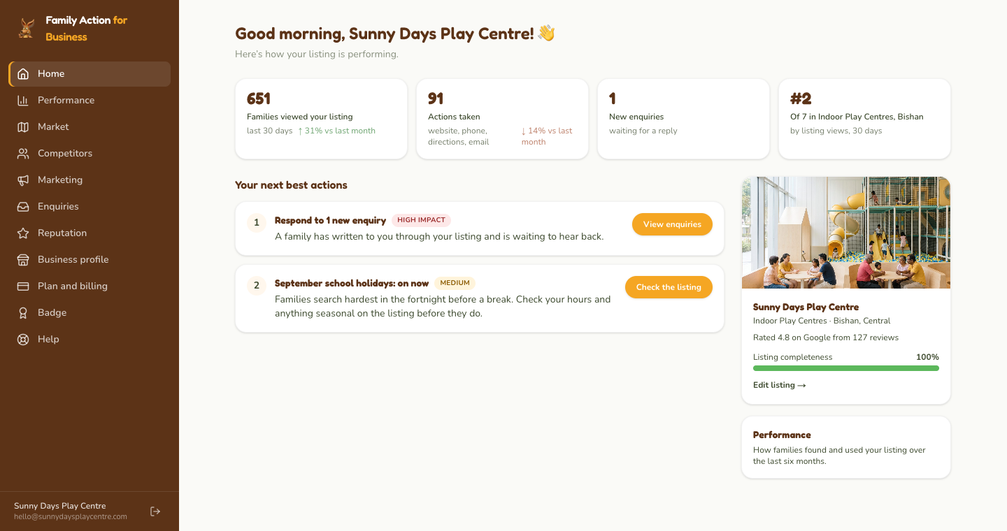 Home: your suggested next actions, each with a button that takes you to the right place.