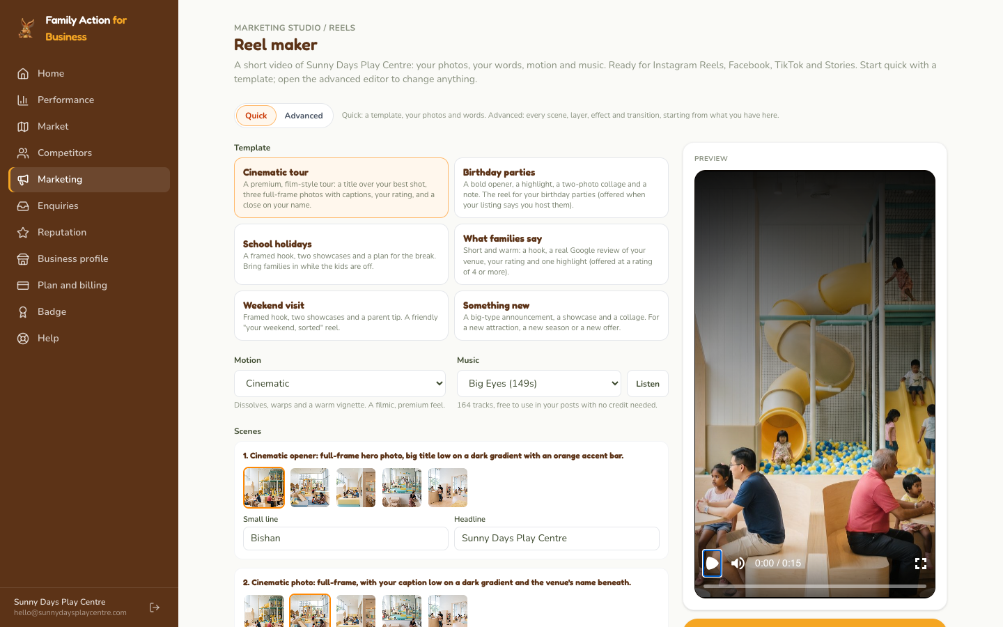 Reel maker: choose a template, pick a photo for each scene, add music, then make the reel.