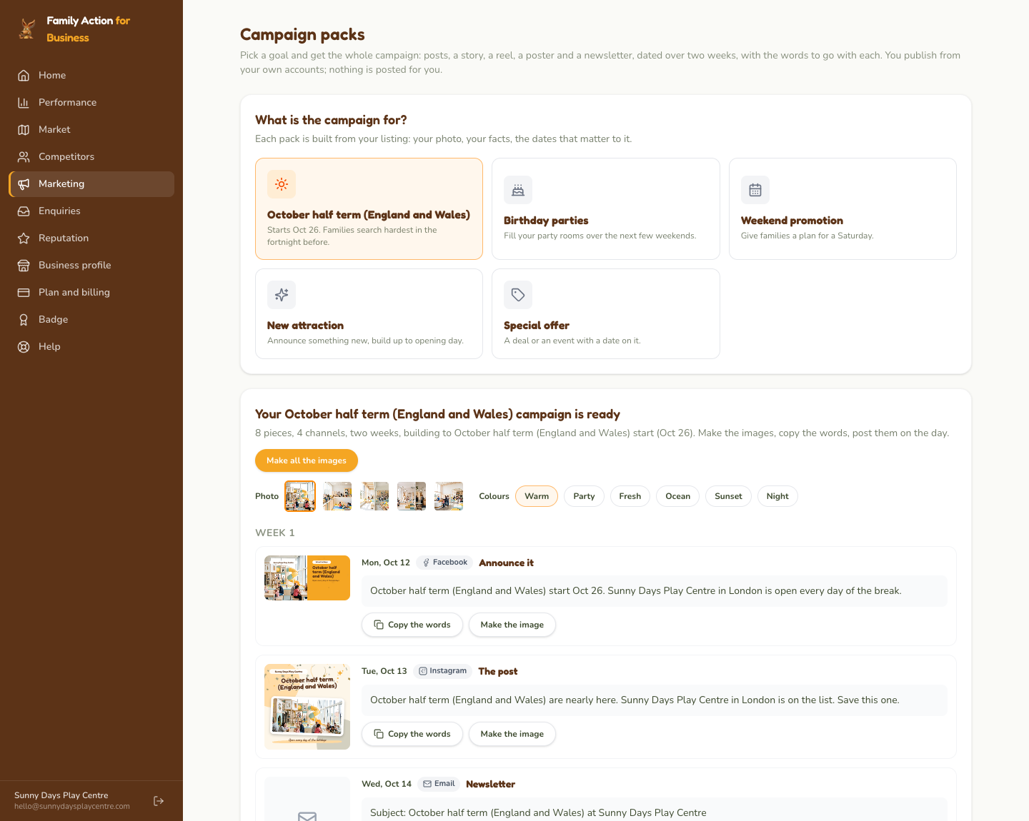 Campaign packs: pick the goal, then work down the schedule; each piece has its words to copy and its image to make.