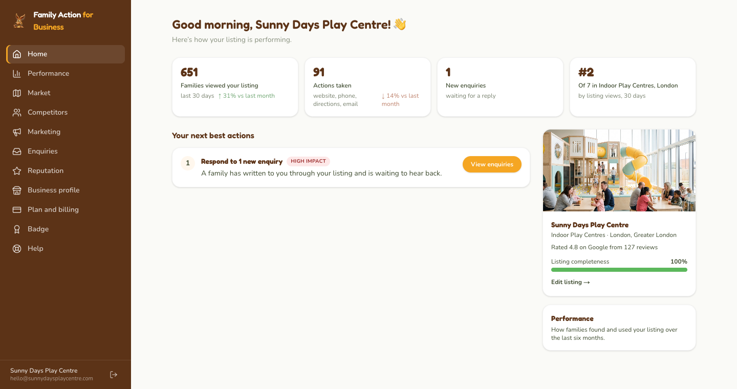 Home: your suggested next actions, each with a button that takes you to the right place.