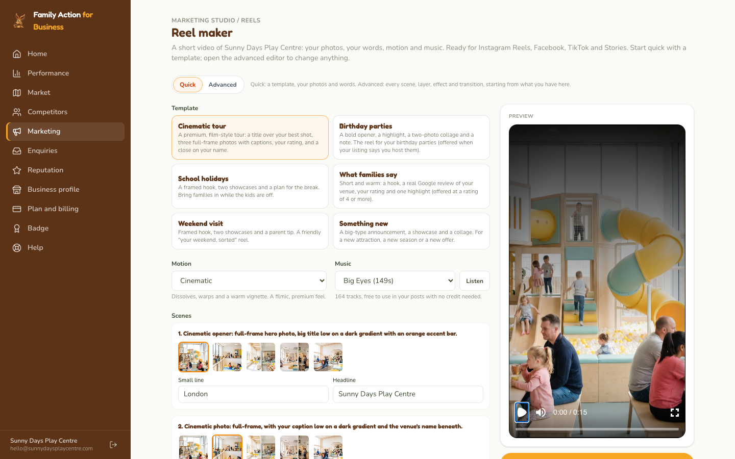 Reel maker: choose a template, pick a photo for each scene, add music, then make the reel.