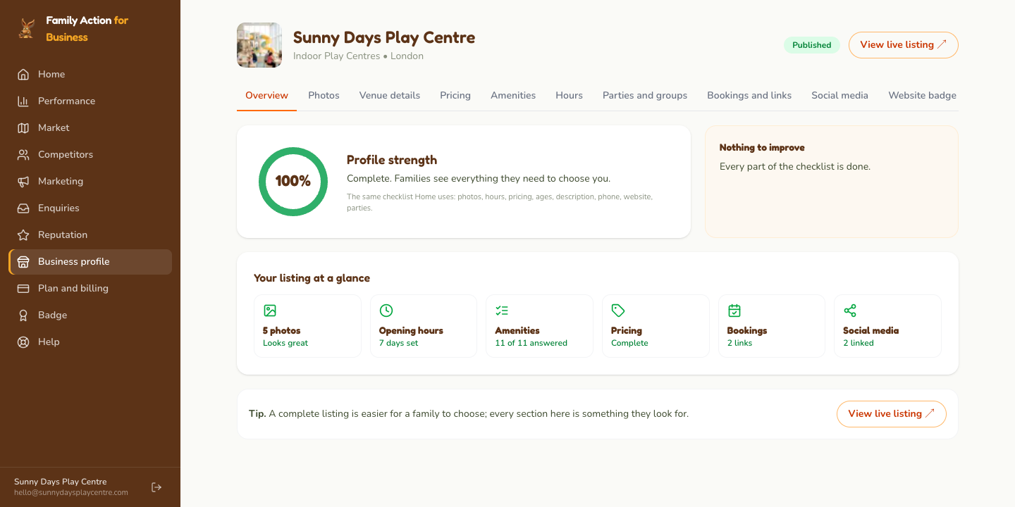 Business profile: the Overview shows what is complete and what to improve; each tile opens the right tab.