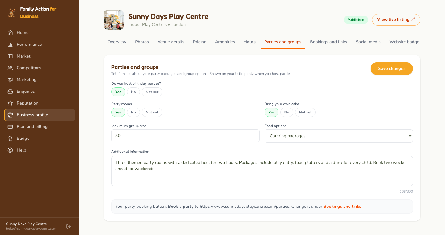 Parties and groups: answer Yes to parties, then fill in what families ask about.
