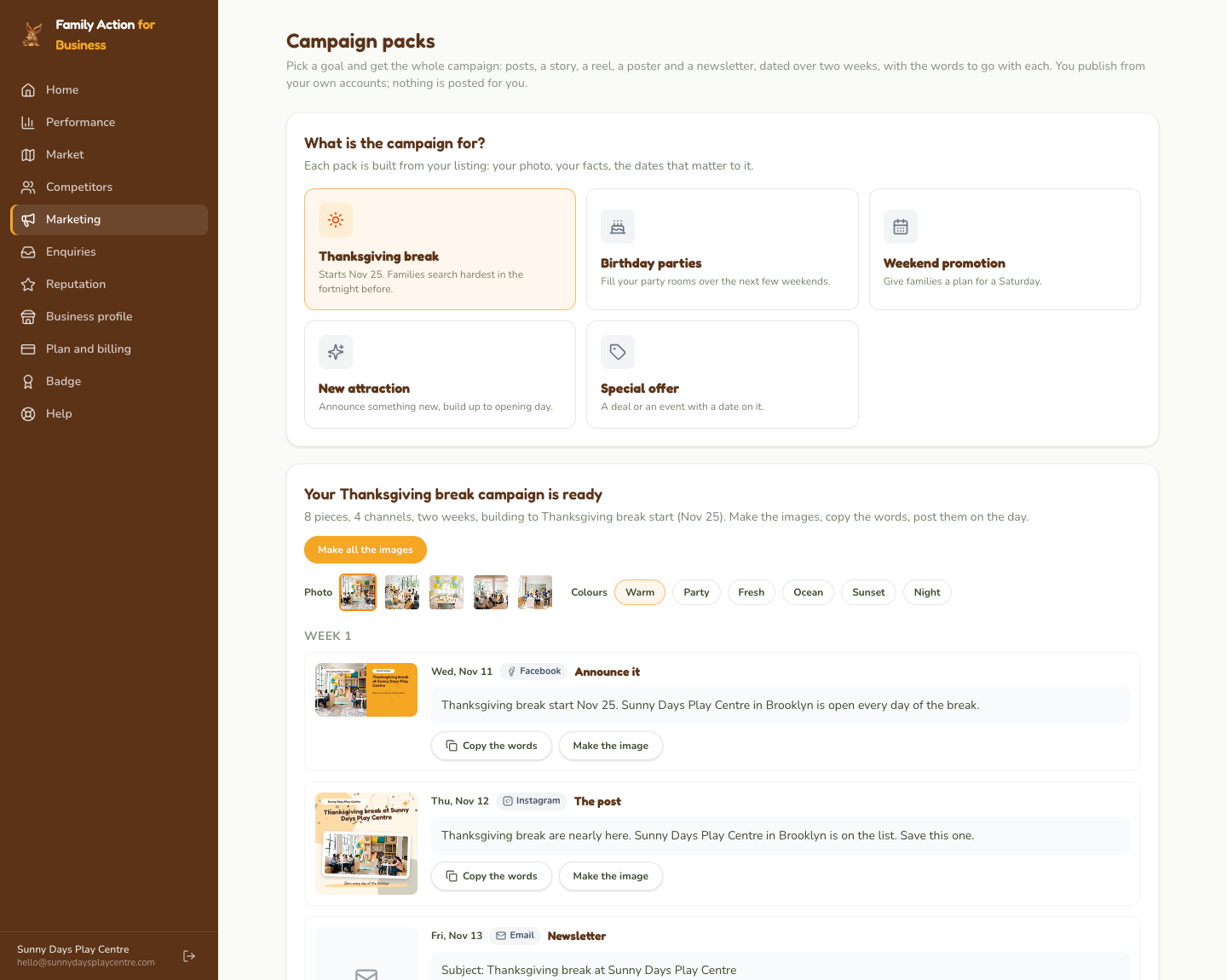 Campaign packs: pick the goal, then work down the schedule; each piece has its words to copy and its image to make.