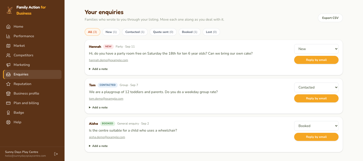 Enquiries: set the stage on the right, reply by email, add a note for yourself.