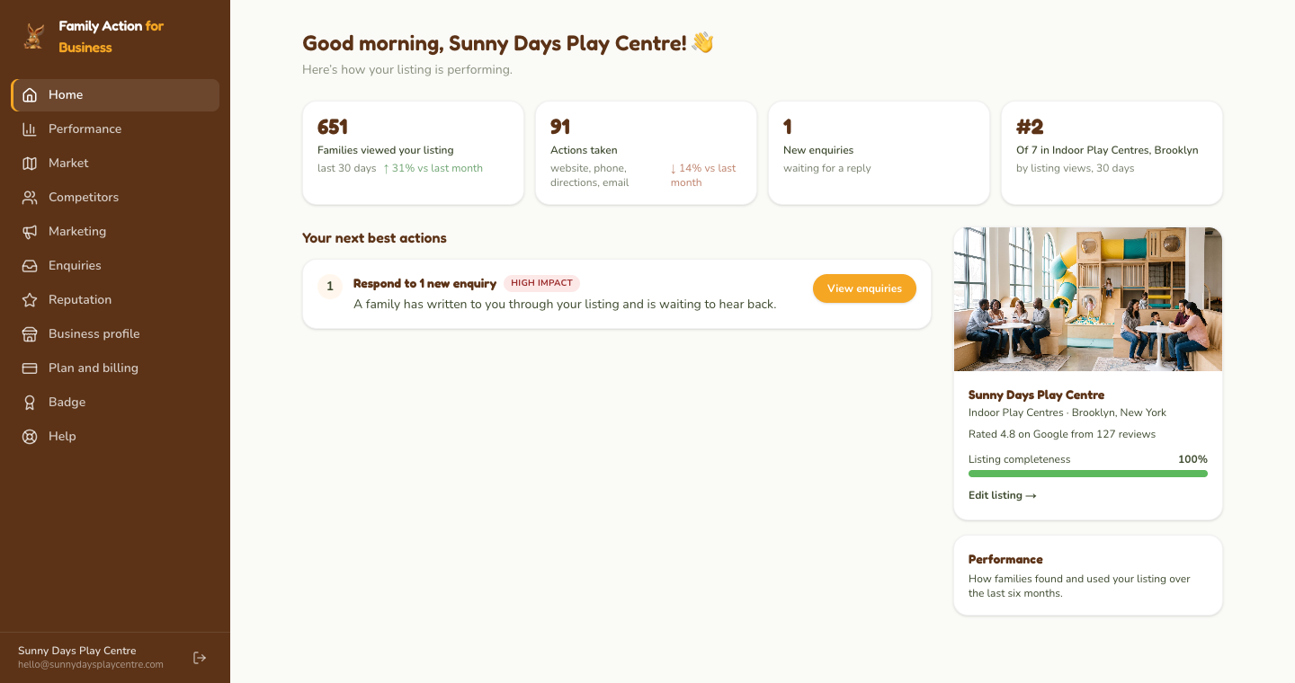 Home: your suggested next actions, each with a button that takes you to the right place.