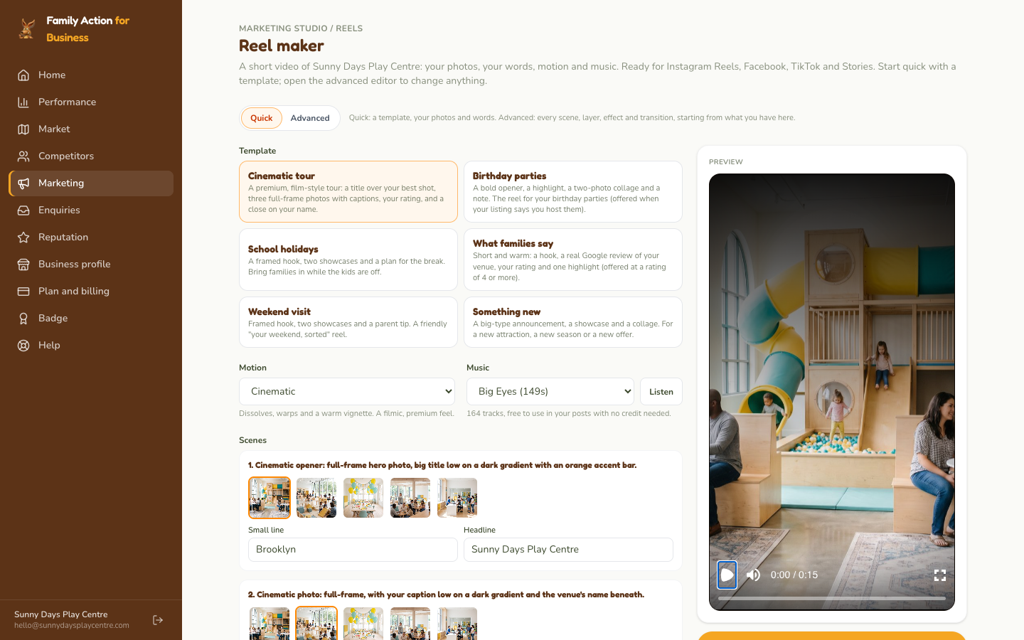 Reel maker: choose a template, pick a photo for each scene, add music, then make the reel.