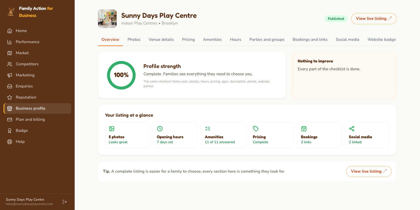 Business profile: the Overview shows what is complete and what to improve; each tile opens the right tab.